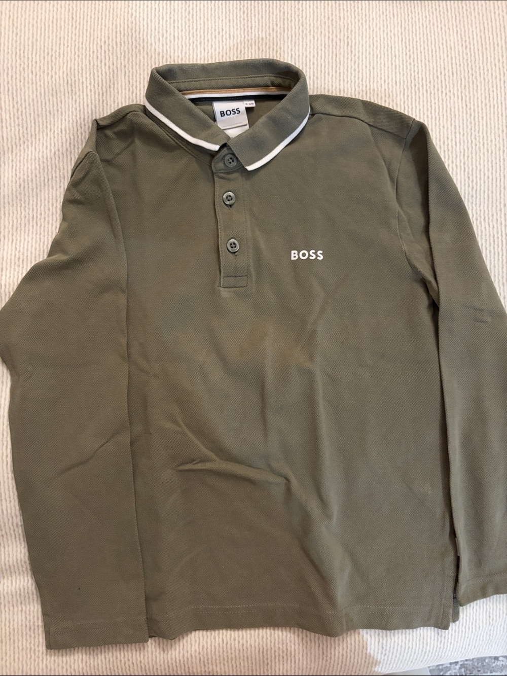BOSS Olive Green Long Sleeve Polo with White Collar Trim